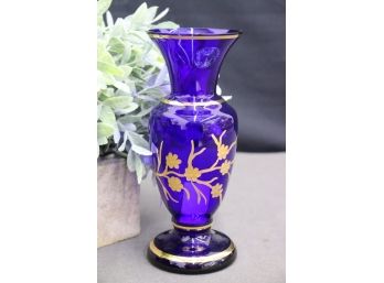 Vintage Cobalt & Gold Bohemia Glass Vase, T.K. 2-41 Marked On Label, Czechoslovakia