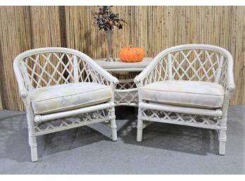 Pair White Ficks Reed Rattan Lattice Barrel Chairs  And Side Table