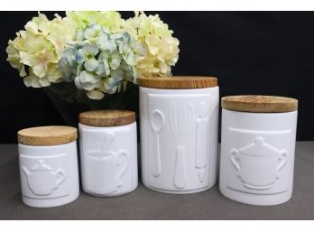 Four Graduated Size Ceramic Kitchen Canisters With Wood Top - Made In Portugal