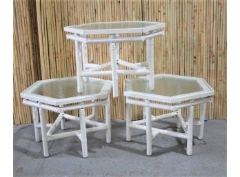 Three Rattan Ficks Reed Side Tables With Glass Tops