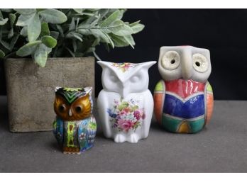Trio Of Lively Multi-Colored Owl Figurines - 2 Ceramic ,  1 Enameled