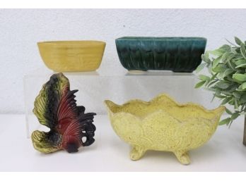 Three Vintage Ceramic Planters (including Hull) & An Agel Fish Figurine