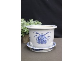 Blue & White Botanical Ceramic Pot With Saucer