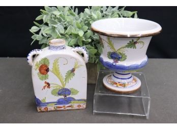 Duo Of Italian Ceramics: Foliate Decorated Small Medici Vase &