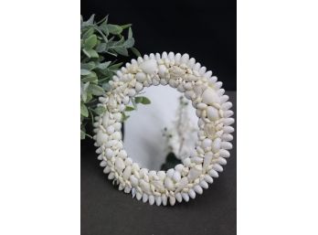 White Natural Shell Composition Border On Small Round Mirror
