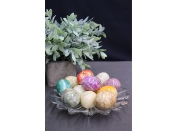 Group Of Marble Eggs   In Carnival Glass Petal Splash Bowl