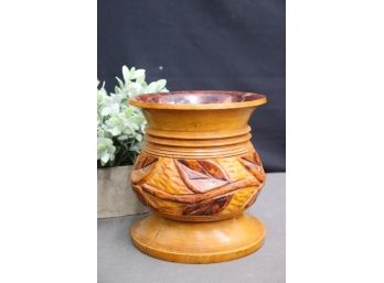 Vintage Hand Carved & Burnished Wooden Urn With Botanical Motif
