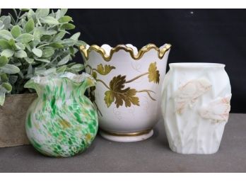 Three Vases: Zaccagnini Majolica Floral Vase, Phoenix Glass Artware Owl Vase, Ruffle Rim Spatter Glass Vase