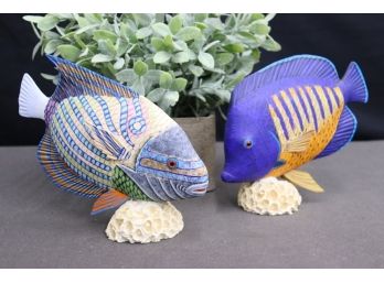Colorful Set Of Two Tropical Fish Each Balanced Upon Coral Perch - Cast In Plaster Of Paris