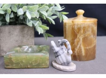 Grouping Of Small Onyx Carvings: Green Onyx Ashtray, Caramel Onyx Lidded Canister, Black & White Cat