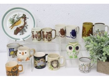Assorted Lot Of Owls Mugs And One Plate
