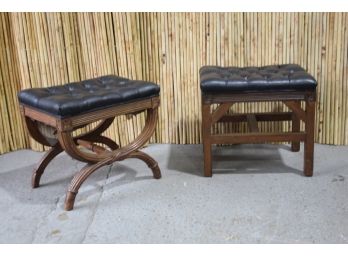 Pair Of Elegant MCM Wooden And Tufted Ottomans/Bench Stools
