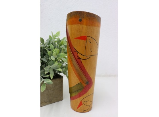Wood Cylinder Art Vase, Kakadu Of Israel Designed And Signed By Reut Shahar
