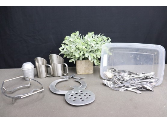 Group Lot Of Stainless Steel Flatware, Measuring Cups, Cobbler Shaker, And Trivets