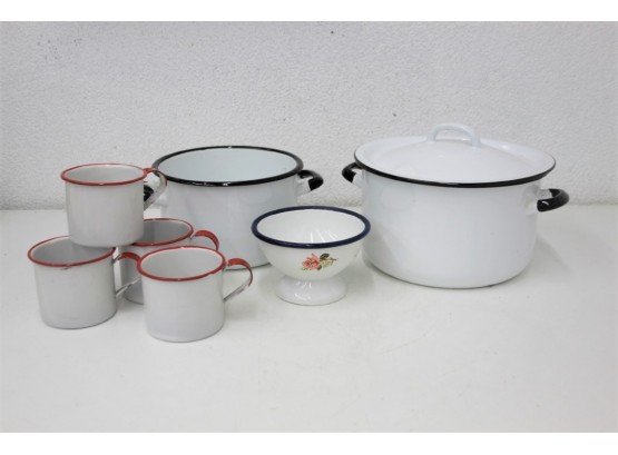 Vintage White Polish Enamelware Blue Band Pots And Red Band Mugs