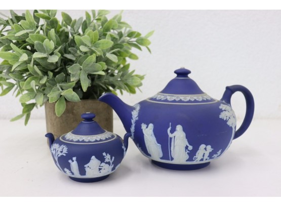 Vintage Wedgwood Jasperware Portland Blue/White Tea Pot & Sugar Box