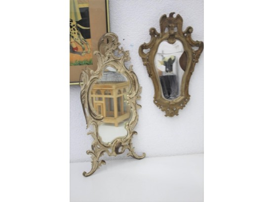 Two Patinated Metal Ornate Wall  Mirror Frames (eagle Crest Mirror Has Crack And Missing Piece)