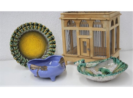 Royal Haeger Nodular Plate, Majolica Shell Dish, Dragonfly Triangular Dish (birdcage Not Included In Lot)