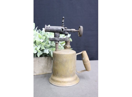 Antique Brass Blow Torch With Cast Iron Valves And Wood Handle