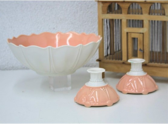 Vintage Anchor Hocking Pink And White Oyster Pearl Console Set With Bowl And Candlesticks