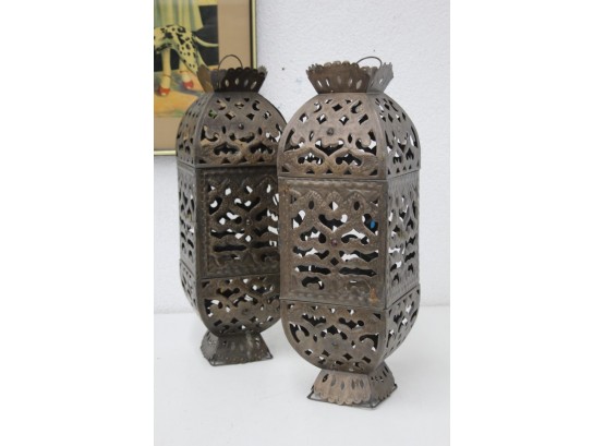 Pair Of Moorish Style Pierced Metal Candle Lanterns