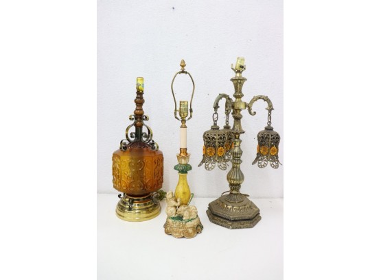 Splendid Trio Of Decorative Lamps - Amber Glass, Hollywood Regency, And Rabbit Revival Cottagecore