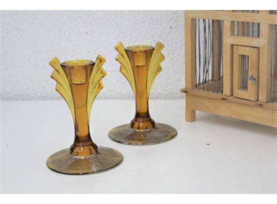 Pair Of Vintage Art Deco Amber And Yellow Etched Base Candle Holders
