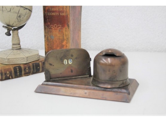 Vintage Copper Verdigris Inkwell And Perpetual Calendar Desk Set