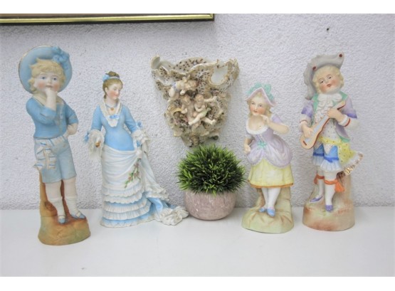 Group Lot Of Painted Porcelain Figurines And A Wall Sconce Cherub Vase (multiple Breaks/chips - See Photos)