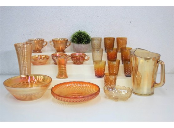 Grouping Of Marigold Iridescent Carnival Glass Vases, Bowls, Pitcher, Mugs And Cups