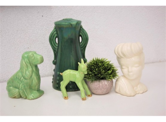Vintage Ceramic Grouping: Green Dog Planter, Art Deco Lamp Base, Pin Up Model Bust Vase, Bambi Figurine
