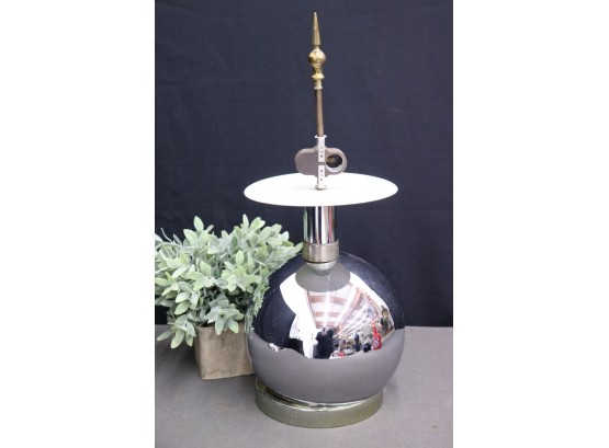 Vintage Chrome Ball Table Lamp, Double Sockets, White Disc Reflector, And Brass Spear Finial