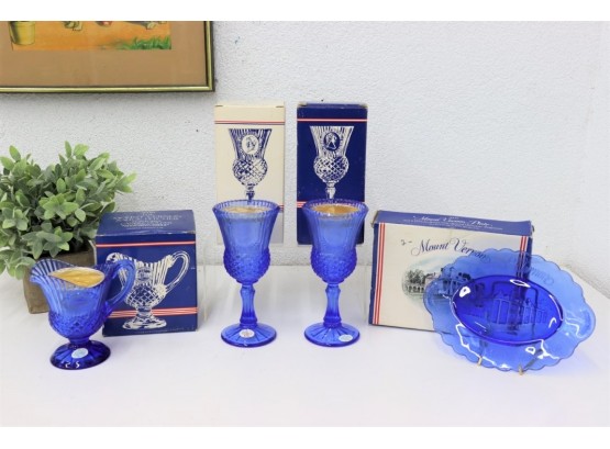 Grouping Of Blue Glass Mount Vernon Avon By Fostoria Goblets, Pitcher, And Hostess Plate