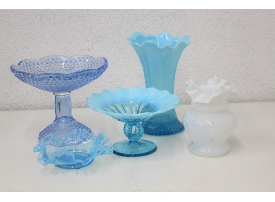 Group Of  Vintage Glass: 4 Piece Opalescent Blue Hobnail Glass And 1 Piece Milk Glass Ruffle Vase
