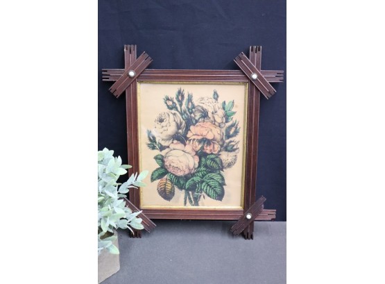 Wooden Adirondack-style Frame With Moss Roses And Buds, Currier And Ives Reproduction Print