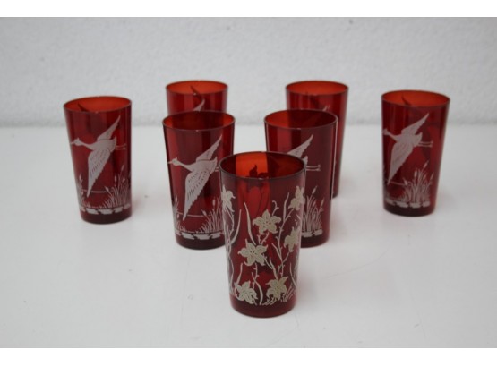 Set Of 7 Vintage Ruby Red Anchor Hocking Wild Geese Highball Glasses