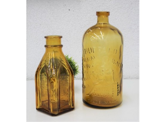 Vintage Amber Cathedral Glass Bottle And Antique Buffalo Lithia Water Amber Glass Bottle