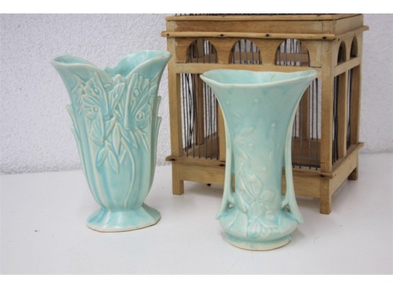Two Early Nelson McCoy USA Matte Aqua Glaze Vases(Birdcage Not Included In Lot)