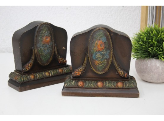 Vintage Painted Wood Floral Oval Crest Bookends