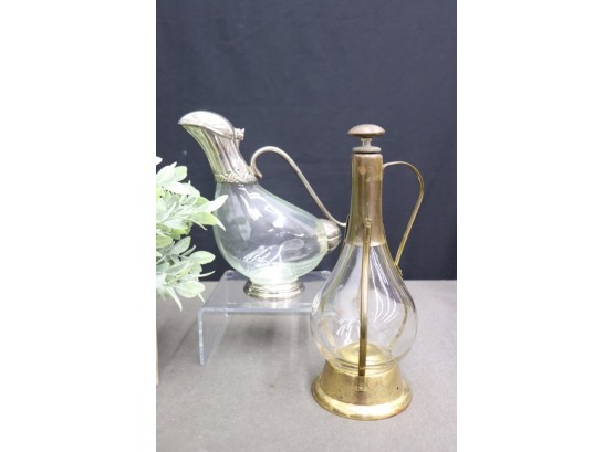 Two Vintage Wine Decanters:  Glass/Silver Tone Metal Duck And  A Brass/Glass Genie Bottle Form
