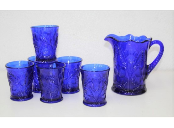 Cobalt Harvest Pattern Pressed Glass Pitcher With 6 Matching Cups
