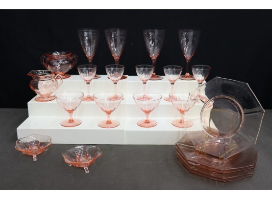 Smashing Elegant Pink Depression Glass Collection - Coupes, Cordials, Candlestick Bowls, Octagonal Plates, C/S