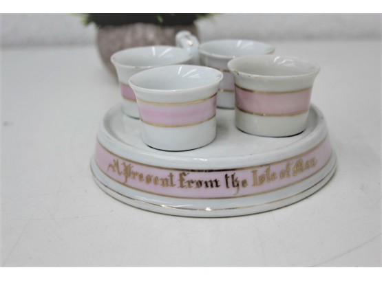 Pink And Gold Bohemian Porcelain Schnapps Cups With Caddy - A Present From The Isle Of Man