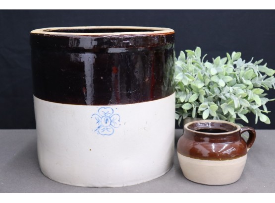 Antique Heavy Stoneware 6 Gallon Crock And Vintage Stoneware Bean Pot (no Tops)
