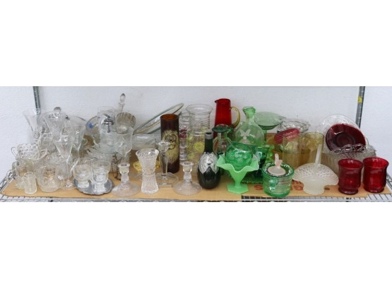 FAB Shelf Lot -  Decades Of Colored And Clear Cut Glass Objects, Bowls, Pitchers, Vessels, Stemware And More