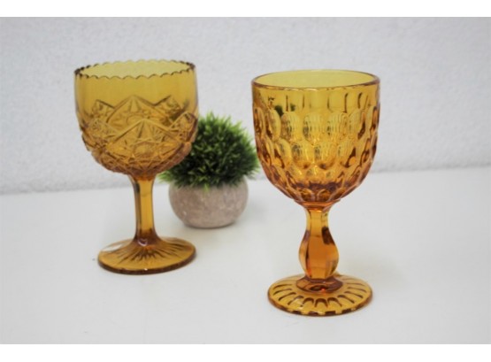 Two Amber Glass Chalice Compotes - Thumbprint And Hobstar Pressed Glass