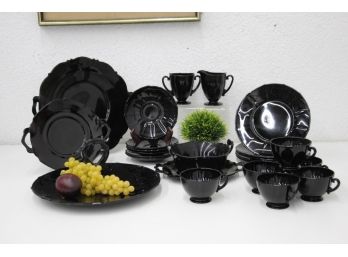 Fine Group Lot Of Black Amethyst Indiana Glass Plates, Bowls, Cups, Etc.