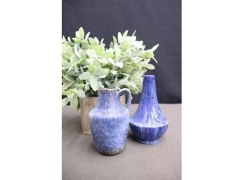 MCM Style Earthenware Blue/White Glaze C Handle Jug And Mottled Blue Chianti Basket Vase