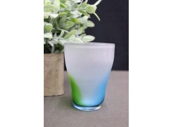 Frosted Glass Blue And Green Ombre Mottled Small Vase