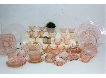 Collection Of Pink Peach Rose Depression Glass Assortment - Trays, Plates, Swirl Coupes And Decanter, Plus